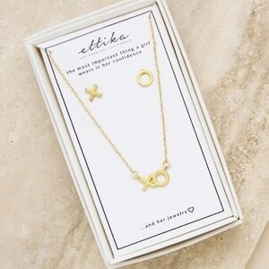 ettika Hugs and Kisses 18k gold plated XO Necklace and Earrings box set NIB